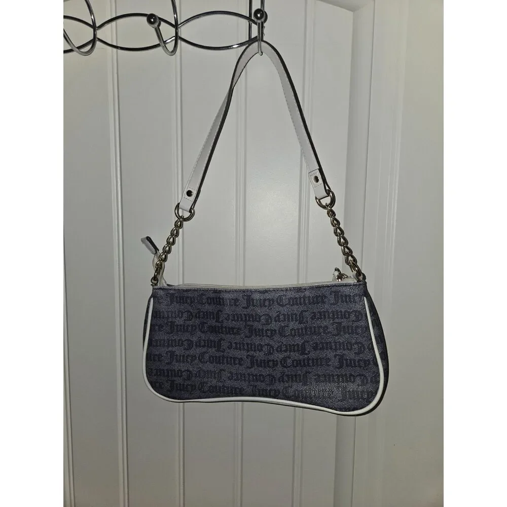 Juicy Couture Blue White Shoulder Bag Logo Print Chain Strap Y2K Purse